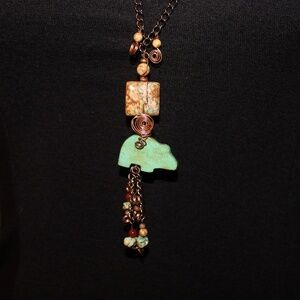 New Square Chrysocolla  & Carved Turquoise Bear Totem Beaded Pendant Necklace